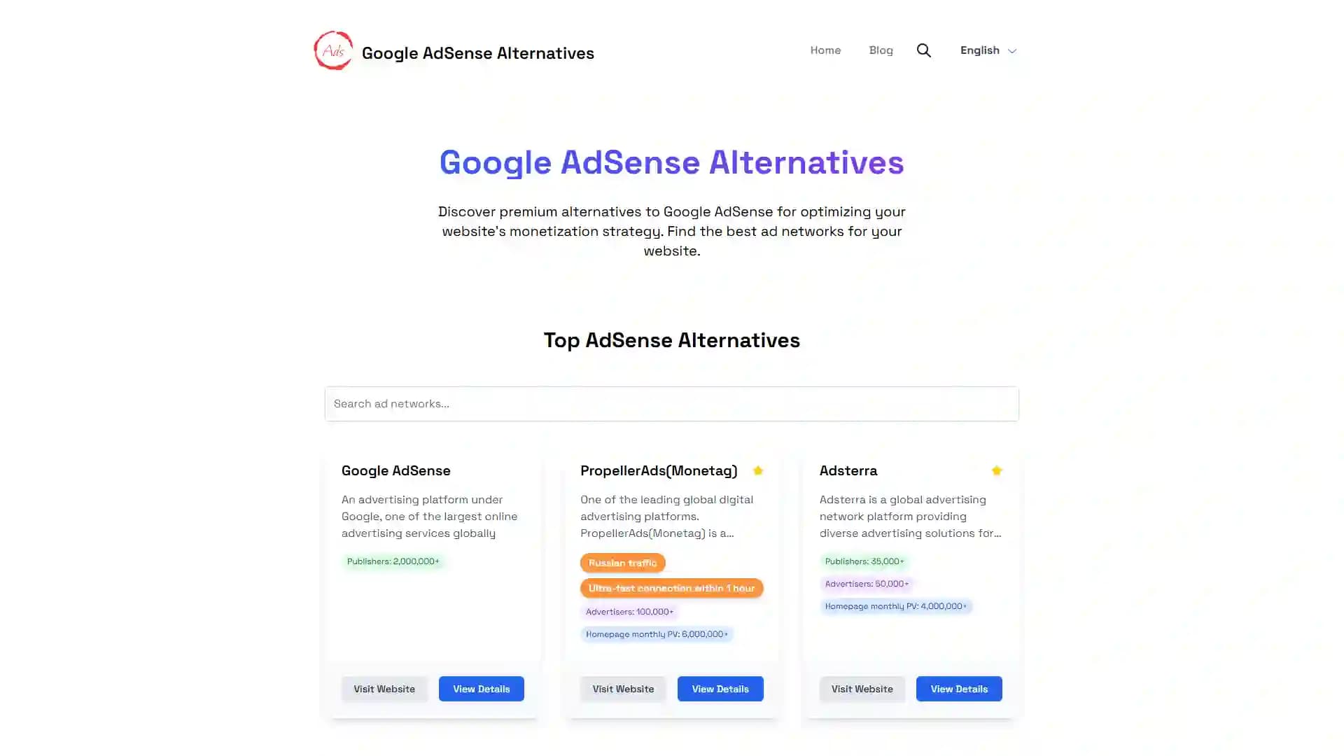 Google AdSense Alternatives, showcasing the number of publishers, advertisers, and monthly visits for each alternative platform.